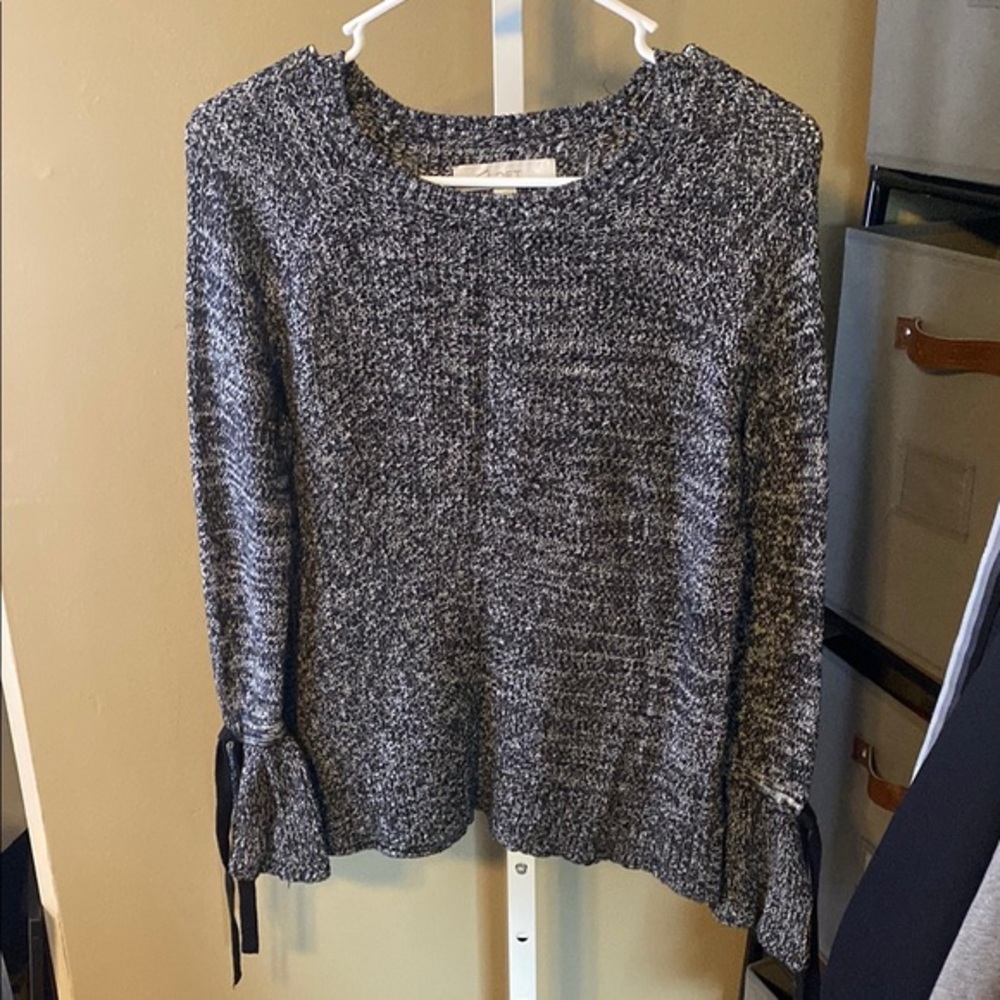 Loft XS Black Marbled Sweater with Ribbon Detail Bell Sleeves